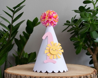 Sunshine Party Hat with Pom Pom for 1st Birthday or One Year Photo Shoot Pink Yellow