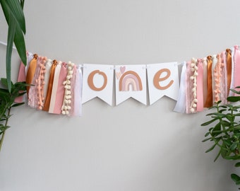 Muted Rainbow Birthday ONE Year Banner Baby GIrl Boho First Party Decorations Blush Pink Mauve Rose Gold Rust Decor