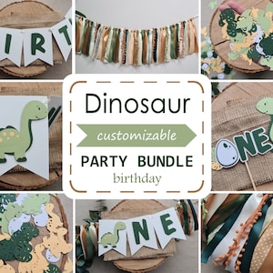 May include: Dinosaur party decorations bundle with green and brown colors. Includes a banner with the word "BIRTH", a banner with the word "ONE", a dinosaur cake topper, and confetti.