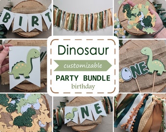 Dinosaur First Birthday Boy Party Bundle Earth Tones Package Tan Brown Beige Green Yellow Decor