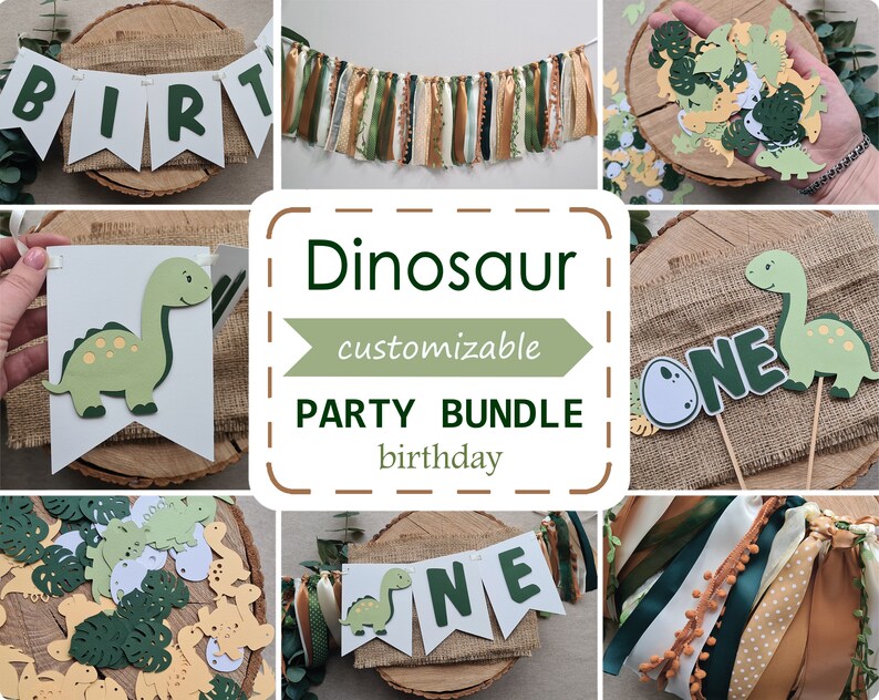 May include: Dinosaur party decorations bundle with green and brown colors. Includes a banner with the word "BIRTH", a banner with the word "ONE", a dinosaur cake topper, and confetti.