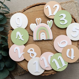 Bannière photo mensuelle Baby Milestone pour premier anniversaire, arc-en-ciel et bohème en sourdine, fête de fille, vert sauge, décoration rose pâle
