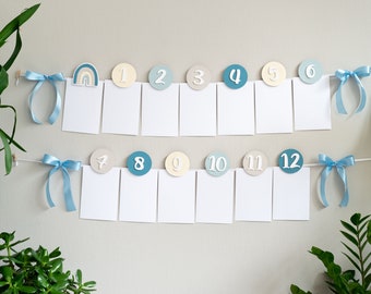 Rainbow Monthly Photo Banner Baby Boy First Birthday Decorations Boho Party Decor Modern Muted Blue Crean Grey