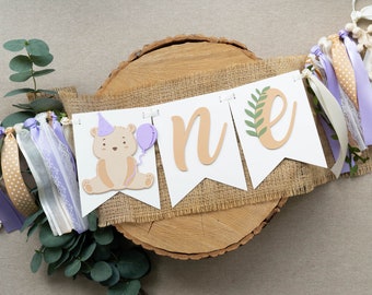 Teddy Bear High Chair Banner Baby Girl Picnic First Birthday Highchair Decor with Ribbon Tassels Violet Green Tan