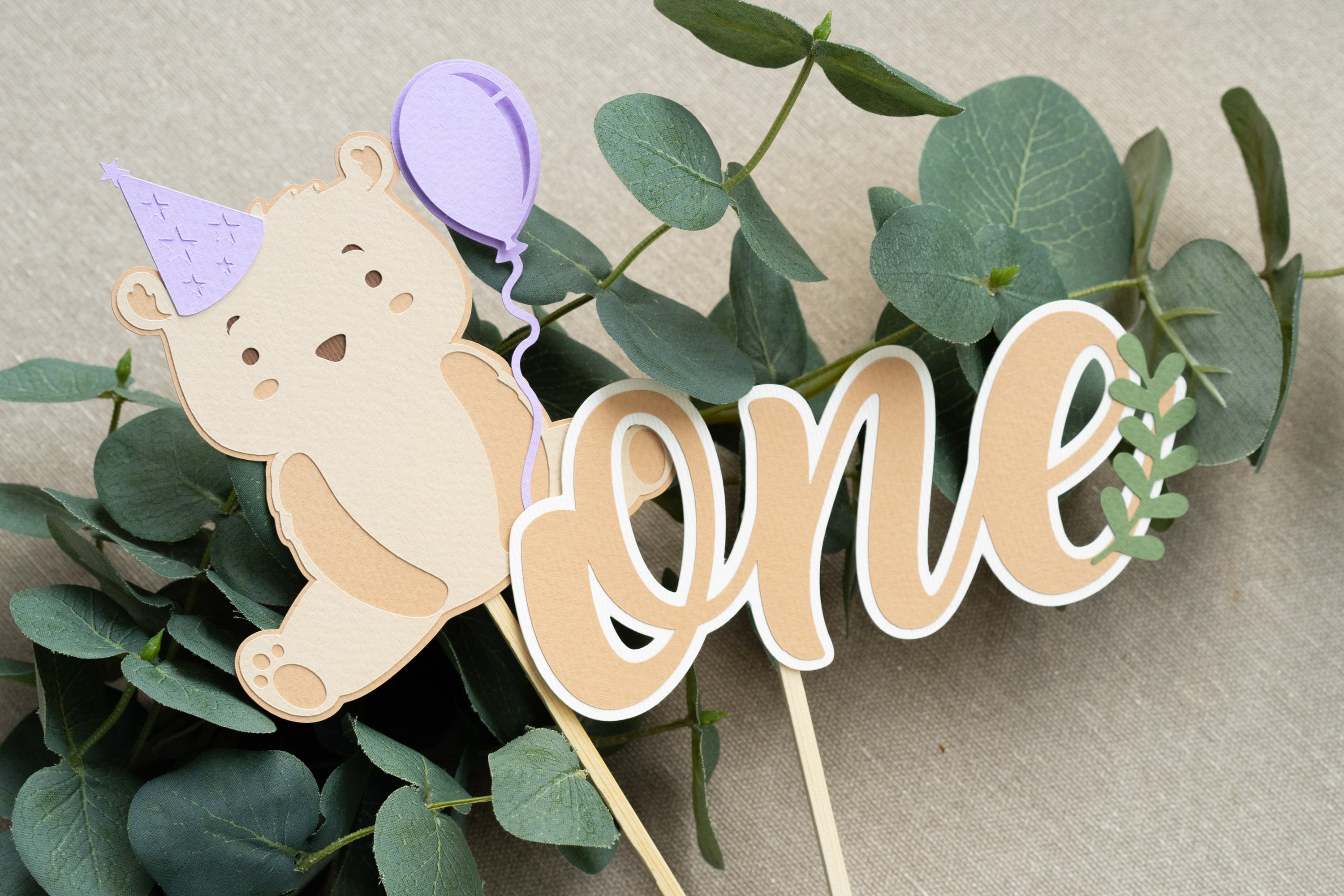 Teddy Bear Cake Topper for Birthday with Age or Name Baby Girl 1st Anniversary Party Violet Green Tan Decor