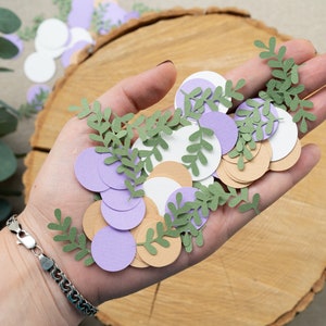 Greenery Confetti for Baby Shower or Birthday Party & Cake Table Decor Violet Green Tan
