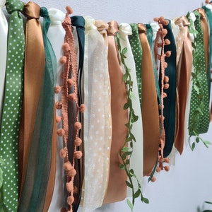 Earth Tones Ribbon Garland Fabric Greenery Tassel Bunting for Rustic Wedding Backdrop Baby Shower First Birthday Gender Neutral Decor