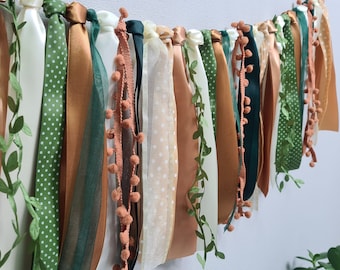 Earth Tones Ribbon Garland Fabric Greenery Tassel Bunting for Rustic Wedding Backdrop Baby Shower First Birthday Gender Neutral Decor