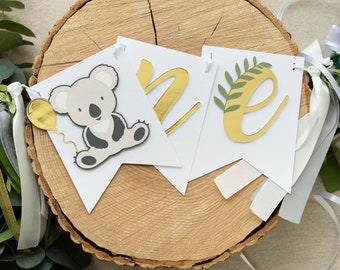 Koala ONE High Chair Banner Customizable Highchair Garland with Tassels Cute 1st Birthday Party Decorations Muted Green Grey Gold Decor