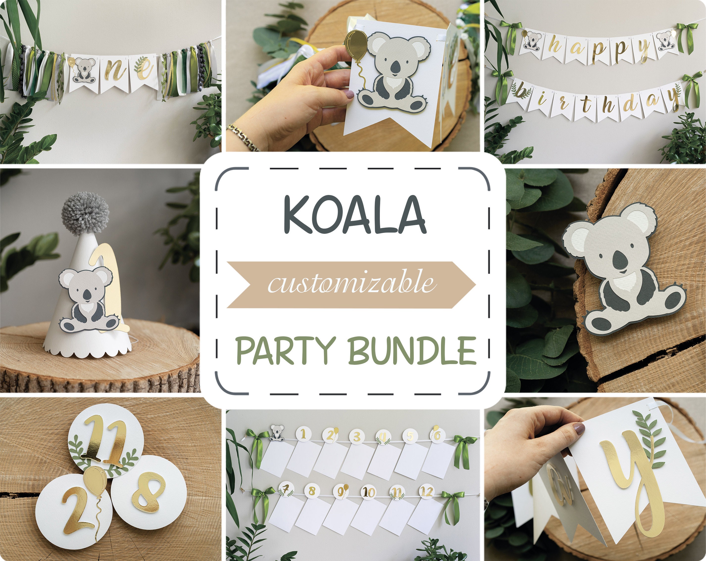 Koala Birthday Package Gender Neutral Girl Boy Twins First Party Bundle Muted Green Grey Gold Decor