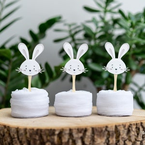 Easter Bunny Cupcake Toppers for First Birthday and Baby Shower or Easter Party White Rabbit Table Decor