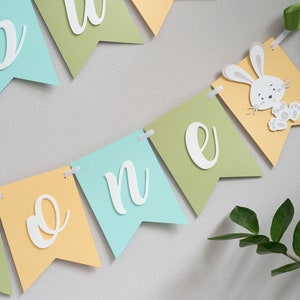 Some Bunny is One First Birthday Banner Baby Boy 1st Party Sign Blue Yellow Green Easter Decorations