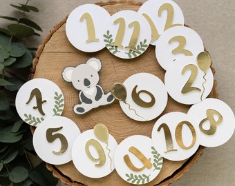 Koala Baby Monthly Photo Banner Milestone with Greenery First Year Birthday Party Decorations Gender Neutral Boy Girl Muted Green Gray Gold