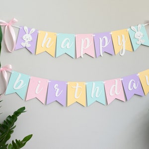 Bunny Happy Birthday Banner Baby Girl First Birthday Sign Personalised Decor Violet Turquoise Pink Yellow