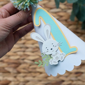 Bunny Birthday Paper Hat Baby Boy First Party Decor with pom pom Yellow Blue Green Easter Decorations