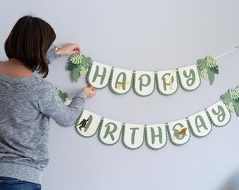Banner de feliz cumpleaños de la jungla, safari salvaje, primer primer letrero de papel para fiesta, decoraciones para niñas y niños, verde y dorado