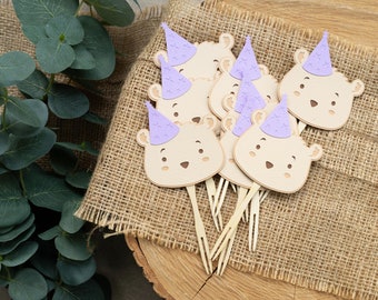 Teddy Bear Cupcake Toppers Baby Girl 1st Birthday Picnic Party or Baby Shower Table Decor Violet Green Tan