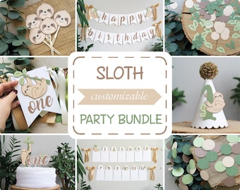 Sloth First Birthday Party Bundle Earth Tones Gender Neutral Decorations Brown Tan Green
