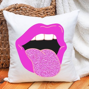 Preppy Pink Cheetah Print Tongue Out Lips Square Throw Pillow | Dorm Decor | Smiley Face | Decorative | College | Teen | For Girls Bedroom