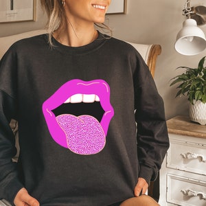 Preppy Pink Tongue Out Lips Cheetah Print Crewneck Sweatshirt | Leopard Print | Stars | Smiley Face | Lightning Bolt | Pastel Goth