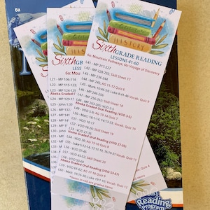 Puede incluir: Primer plano de una tarjeta ilustrada colorida con el texto "Sixth Grade Reading" y una lista de lecciones y los números de página correspondientes. La tarjeta forma parte de un programa de lectura.