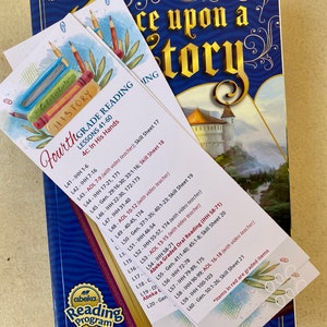 May include: Close-up of three colorful bookmarks with illustrations of pencils, books, and leaves. The bookmarks are labeled "Fourth Grade Reading Lessons 41-60" and "Abeka Reading Program".