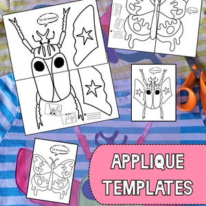 Op de afbeelding: Een set printbare applicatiesjablonen met zwart-witte lijntekeningen van een kever en een vlinder. Elk sjabloon bevat tekstballonnen met de tekst I'm the template. Een roze grafische afbeelding bevat de tekst APPLIQUE TEMPLATES en de zin instant download staat onderaan in het wit gedrukt.