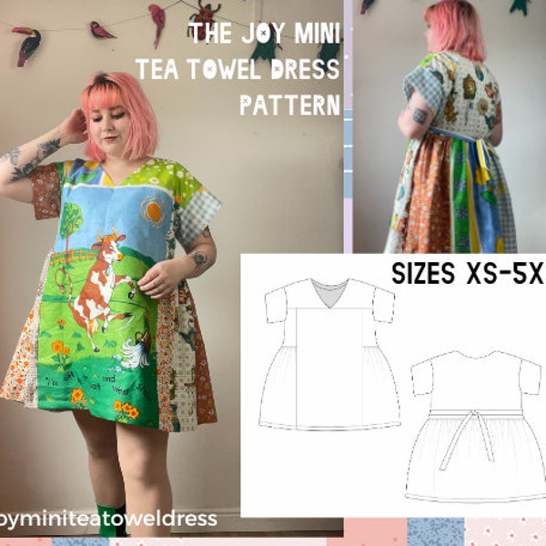 Joy Tea Towel Mini Robe Patron de couture Tailles XS-5XL | Modèle de couture de robe upcycle | PDF téléchargeable | Robe torchon | Comment faire du surcyclage