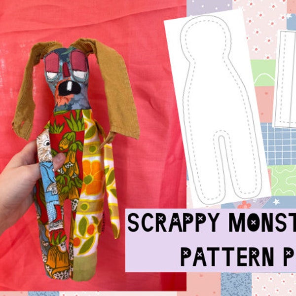 Modèle de poupée monstre Scrappy PDF | Modèle de projet de chute de tissu | Bricolage d’art recyclé | Projet de chute de tissu | Upcycle de poupée en tissu