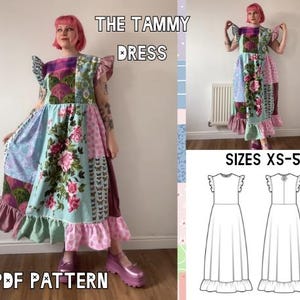 May include: A patchwork dress with floral and butterfly patterns, featuring ruffles and a variety of colors including pink, blue, and green. The text "THE TAMMY DRESS" and "SIZES XS-5XL" are visible. A PDF pattern is also advertised.