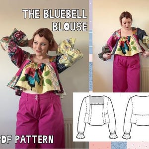 May include: A colorful blouse with a butterfly design, paired with pink pants. The image includes the text "THE BLUEBELL BLOUSE" and "PDF PATTERN". The blouse features a square neckline and ruffled sleeves.
