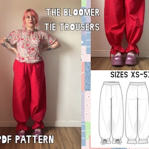 Puede incluir: Un patrón de pantalón rojo con lazada delantera con una ilustración blanca del pantalón. El patrón se llama "The Bloomer Tie Trousers" y está disponible en tallas XS-5XL. El texto "PDF Pattern" está en la parte inferior de la imagen.