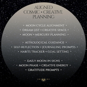Może przedstawiać: Grafika o tematyce niebiańskiej z tekstem "ALIGNED COSMIC CREATIVE PLANNING". Projekt zawiera gradientowe koło z punktami wypunktowującymi tematy takie jak wyr&oacute;wnanie cyklu księżyca, listy marzeń i wskaz&oacute;wki astrologiczne. Tło to gwiaździsta noc.