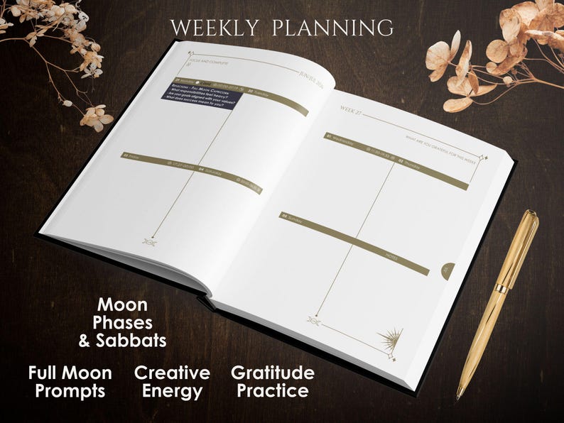 Może przedstawiać: Otwarty tygodnik z napisem "WEEKLY PLANNING" na g&oacute;rze. Planer zawiera sekcje dla "Moon Phases & Sabbats", "Full Moon Prompts", "Creative Energy" i "Gratitude Practice". Złoty długopis leży na ciemnej drewnianej powierzchni.