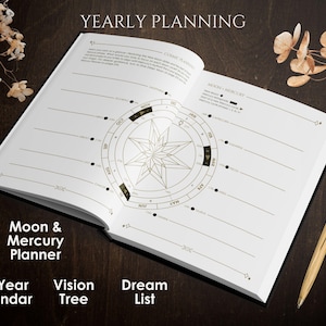 Może przedstawiać: Otwarty planer z napisem "YEARLY PLANNING" na g&oacute;rze. Planer zawiera wz&oacute;r r&oacute;ży wiatr&oacute;w oraz słowa "Moon & Mercury Planner", "Full Year Calendar", "Vision Tree" i "Dream List". Złoty długopis spoczywa na ciemnej powierzchni.