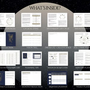 Może przedstawiać: Szczeg&oacute;łowy układ planera, zawierający sekcje takie jak "Strony informacyjne", "Cykl życia" i "Przewodnik po fazach księżyca". Obraz zawiera tekst i grafikę, z ciemnym tłem i motywem niebieskim. Tekst "WHAT'S INSIDE?" znajduje się na g&oacute;rze.