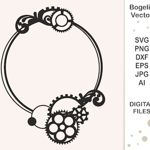 Steampunk Frame Svg File, Circle Frame Svg, Steampunk Cut file, Gears, Monogram Weath, Steam Silhouette, Mechanic Clip art, Cricut, Print