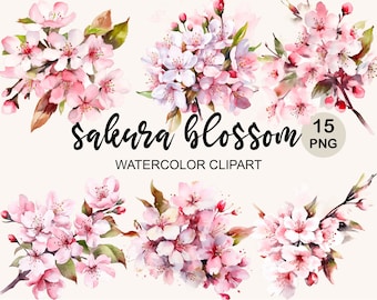 Watercolor Sakura Blossom Clip art Png, Floral Watercolor Clipart, Digital Paper, Png files bundle Instant Download, Flowers, Printable