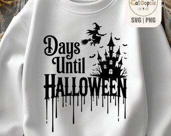 Tage bis Halloween SVG PNG-Bundle, Halloween-Countdown-Schild, Hexenschloss-Design, Gruseliges Halloween-Shirt, Cricut-Schnittdatei-Set