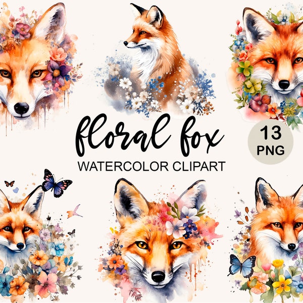 Floral Fox Png Clipart, Watercolor Clipart, Animal Forest, Woodland Animals Clip Art, Png instant download, Bundle, Flowers, commercial use