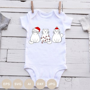 May include: White baby onesie with three white cats wearing Santa hats. The middle cat is wrapped in Christmas lights.