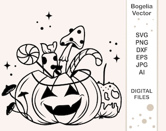 Sweets Bucket Svg, Pumpkin Bucket for Sweets Svg, Halloween Cut file, Mystical Svg for Shirts, Mushroom, Autumn Svg Designs, Cricut, Spooky