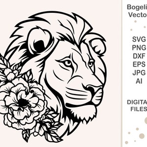 ライオン SVG カット ファイル、花柄ライオン SVG、花付きレオ SVG、動物の顔 SVG、ライオンの頭 SVG、野生動物 SVG、クリカット、シルエット、シャツ デザイン