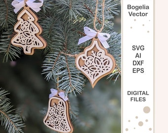 Christmas Ornament Laser Cut Files, Snowflake SVG, Tree Decoration (Digital Download)