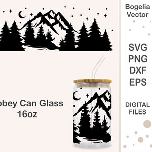 Emballage montagne pour canette de verre Libbey 16 oz Svg, fichier coupé, forêt, Svg montagne, Svg d'emballage, Libbey Glass Can Svg, Cricut, Silhouette, lune