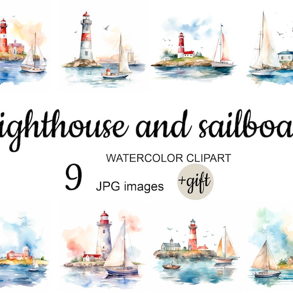 Port avec voiliers et phare Clipart, aquarelle Jpg, Art imprimable, artisanat en papier numérique, Scrapbook, Junk Journal, téléchargement immédiat