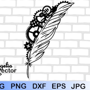 Feather Svg file, Steampunk svg, Feather Cut File, Gears Vector, Tribal Feathers, Svg Cricut Silhouette, Outline, Diy