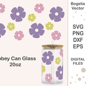 Flor Libbey Can Glass 20oz Svg, Envoltura sin costuras Libbey Glass Can Svg, Cerveza Floral Can Glass Svg, Archivo de corte, Silueta, Cricut, Png, Dxf, Eps