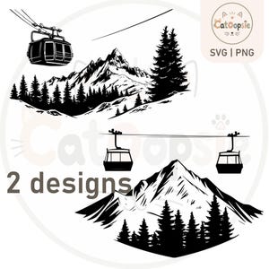 May include: Two black and white digital graphic designs featuring mountain landscapes with pine forests and cable cars. The top design shows a single cable car above a mountain range, while the bottom design displays two cable cars connected by lines.