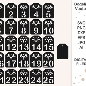 Advent Calendar Svg, Christmas Cut files, Christmas Countdown Tags, Numbers, Bundle, Gift Tags, Label, Laser Cut files, Silhouette